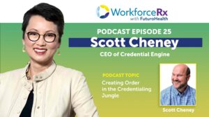 A podcast graphic for "Workforce RX with FuturoHealth - Podcast Episode 25: Scott Cheney, CEO of Credential Engine. Podcast Topic: Creating Order in the Credentialing Jungle". Scott Cheney's photo is in the bottom right corner with his name beneath it. WorkforceRx host Van Ton-Quinlivan, CEO of Futuro Health, is pictured at left.