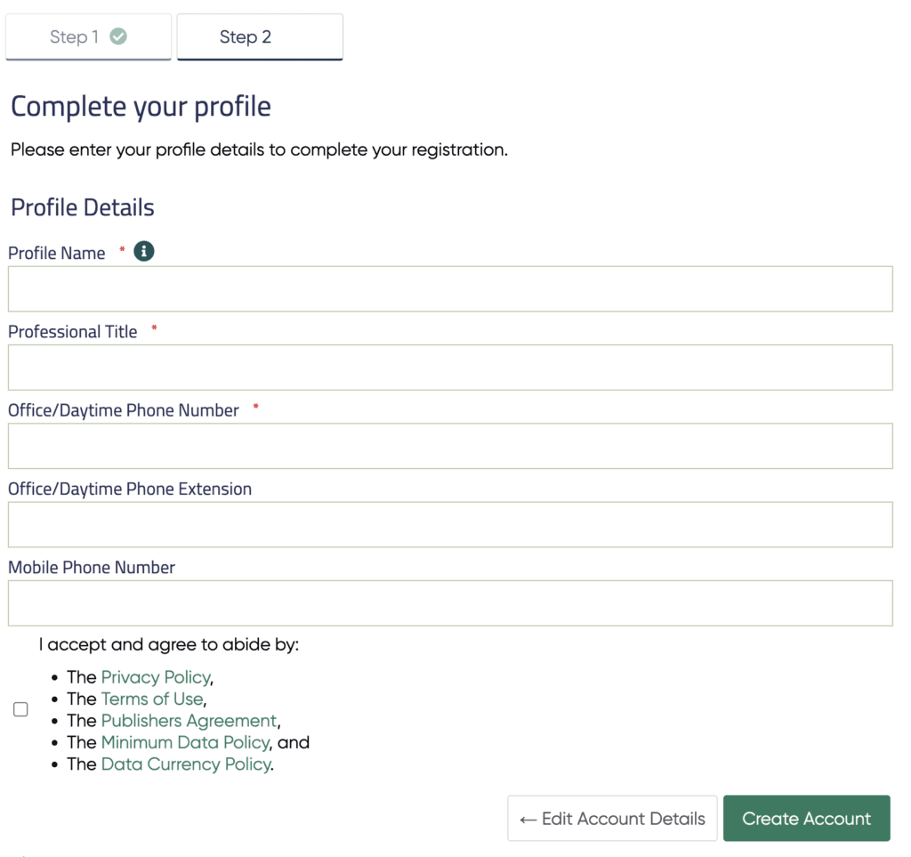 Screen capture of account registration form